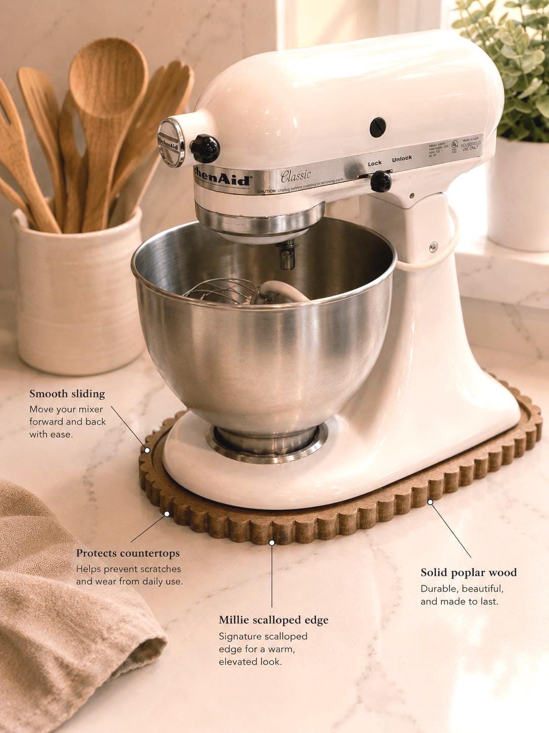 Millie KitchenAid Sliding Tray | Wood Slider for KitchenAid Classic 4.5 Quart Tilt Head | Scalloped Wood Mixer Tray | Kitchen Counter Helper