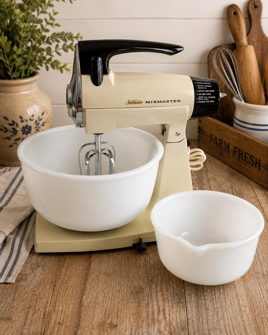 Vintage Sunbeam Mixmaster Stand Mixer with 2 White Glass Bowls – Retro Electric Mixer – 1970s Kitchen